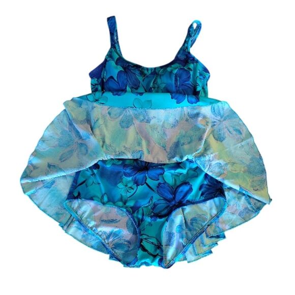 Vintage Turquoise Blue Floral One Piece Mod Swimdress Size 16 *Fits like Large - Picture 5 of 13
